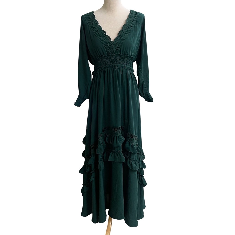 BALTICBORN pippA Women Emerald‎ Green Tiered Ruffle Maxi Dress Long Sleeve LAre